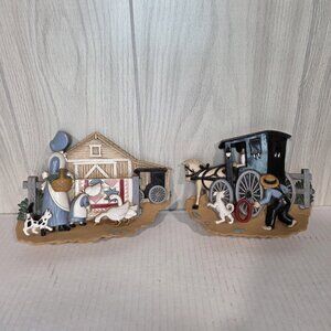 Vintage 1980s Burwood Amish Quilt & Barn Wall Decor Plaques Dog Cat Buggy Horse